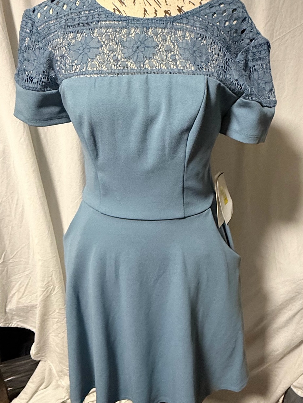 NWT City Vibe Slate Blue Lace Yoke Skater Dress with Pockets Size 3